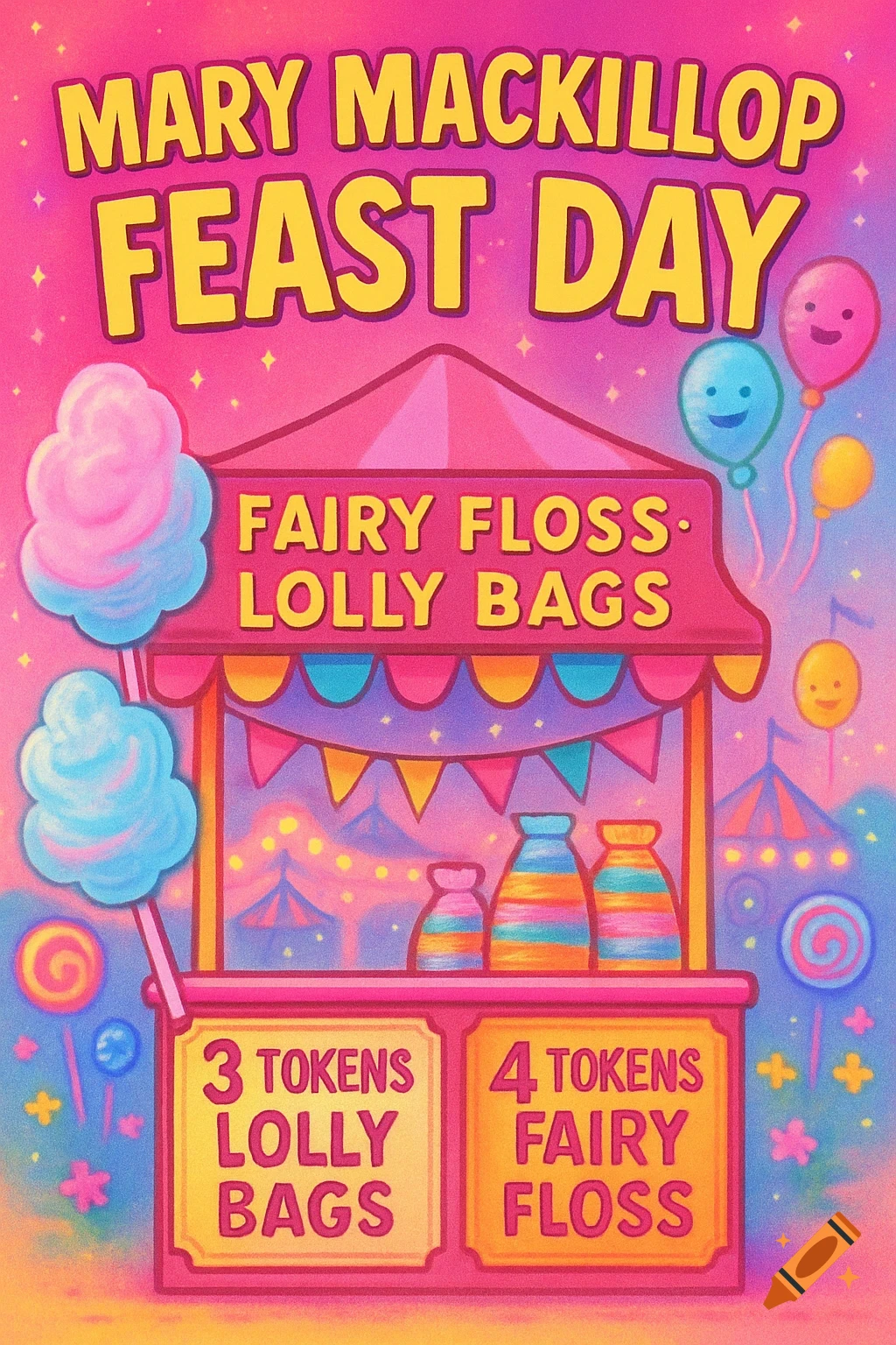 A vibrant cartoon poster for 'Mary MacKillop Feast Day' featuring a pink candy stand selling fairy floss and lolly bags.