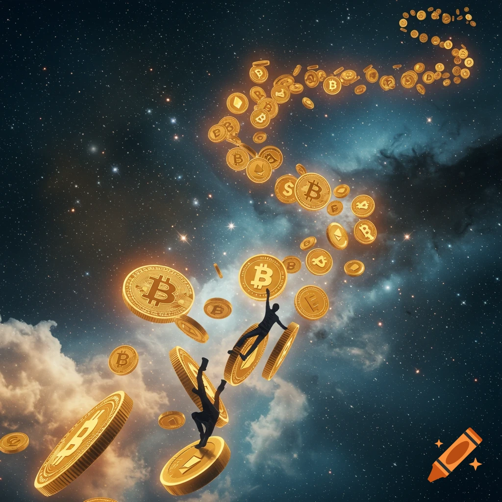 Golden cryptocurrency coins and silhouetted figures float through a starlit, cloudy cosmos.