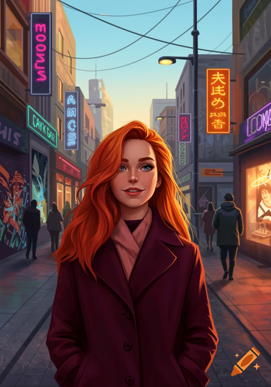 An illustration of a red-headed woman in a burgundy coat walking down a neon-lit city street at dusk, with buildings and other people in the background.