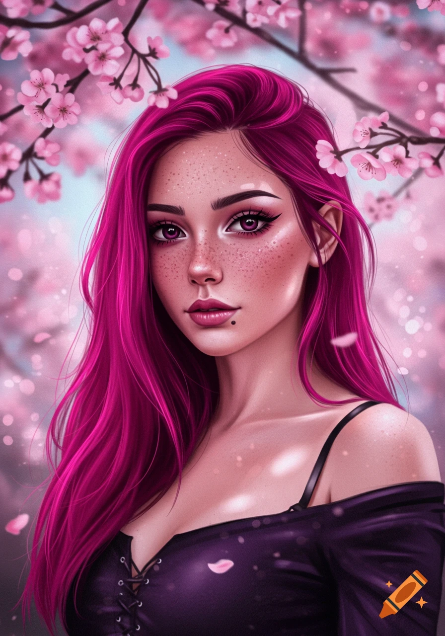 A digital illustration of a young woman with vibrant pink hair and freckles, surrounded by pink cherry blossoms.