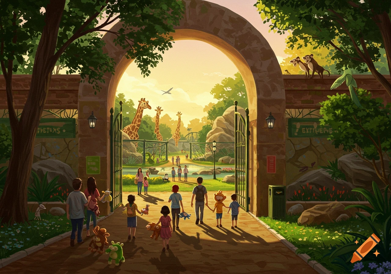 An illustration of a family entering a zoo through a large archway, with giraffes visible in the distance and other animals on the walls.