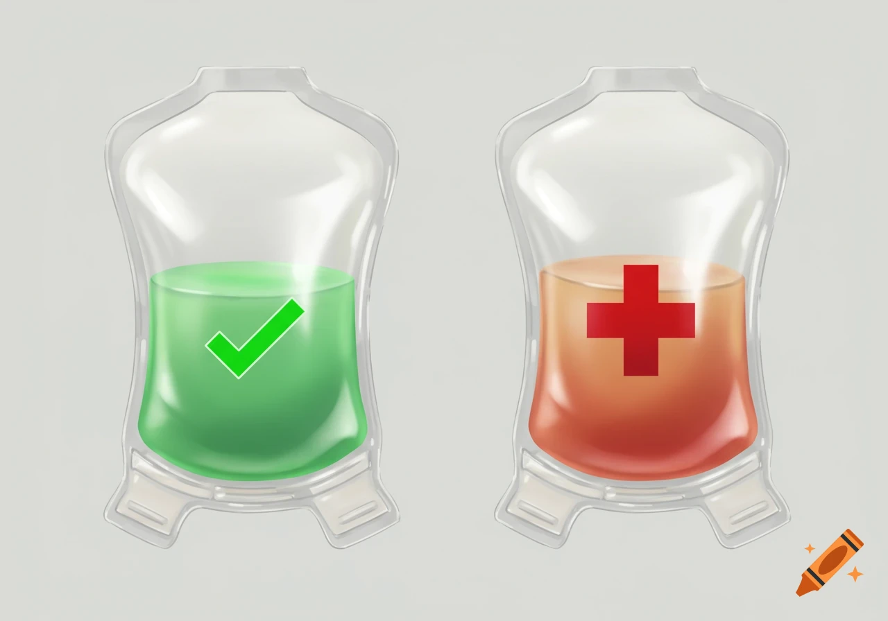Two transparent medical bags, one with green liquid and a checkmark, the other with orange-red liquid and a red cross.