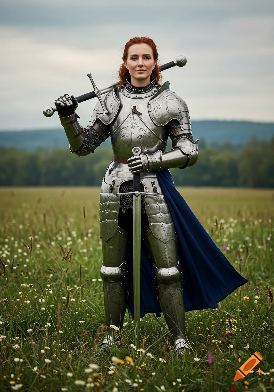 A red-haired woman in full silver knight armor stands in a sunlit field, holding a large sword over her shoulder.