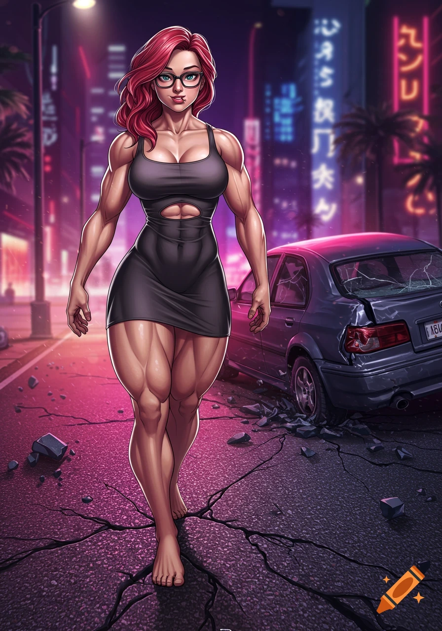 A muscular woman with red hair and glasses in a black dress walks barefoot on a cracked street at night, a destroyed car behind her. Digital art.