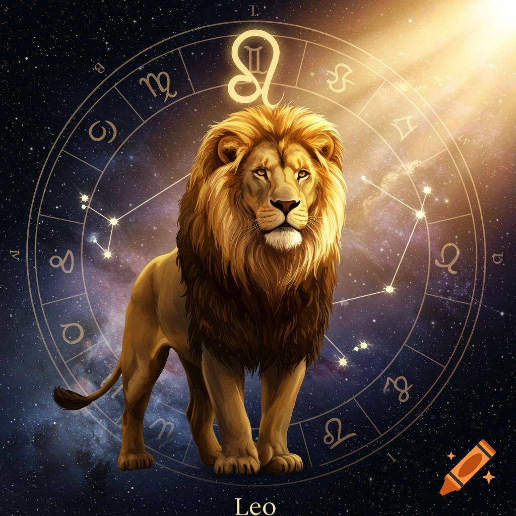 A majestic lion stands centered against a cosmic background with a zodiac wheel and constellation. The Leo symbol is prominent at the top of the wheel, and the word "Leo" is at the bottom.