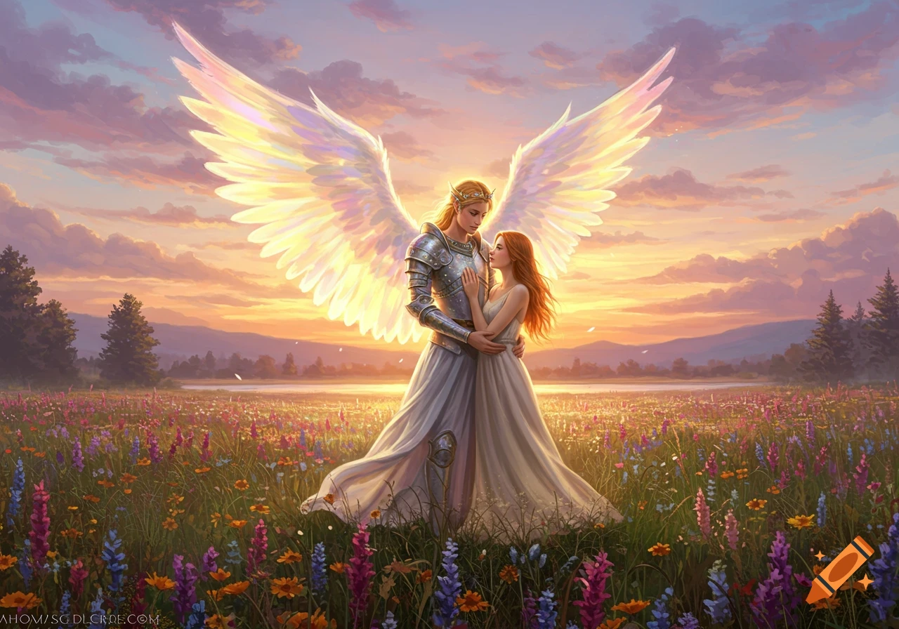 An angel in armor with large wings embracing a woman with long red hair in a vibrant flower field at sunset.