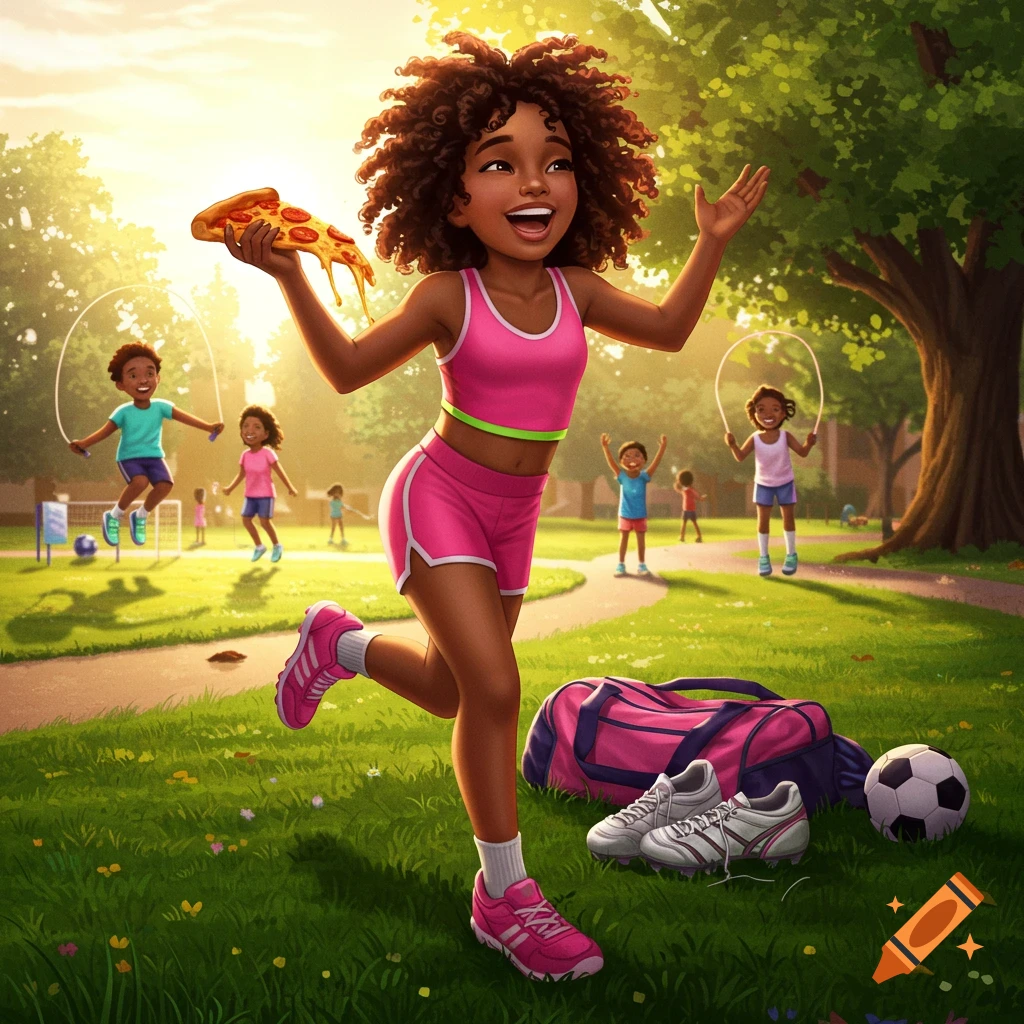 A vibrant illustration of a young Black girl smiling and running with a slice of pizza in a sunny park where other children play.
