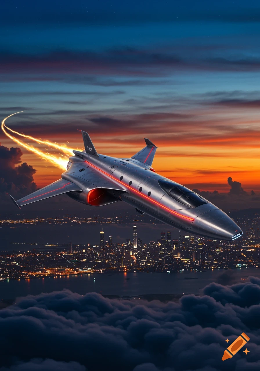 A futuristic jet with red accents and fiery exhaust trails flies over a glowing city skyline at dusk, with clouds below.