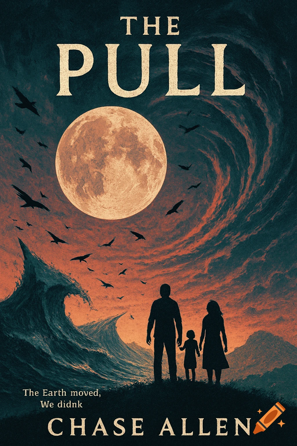 A book cover depicting a family silhouetted against a chaotic sky with a large, distorted moon, swirling clouds, and giant waves.