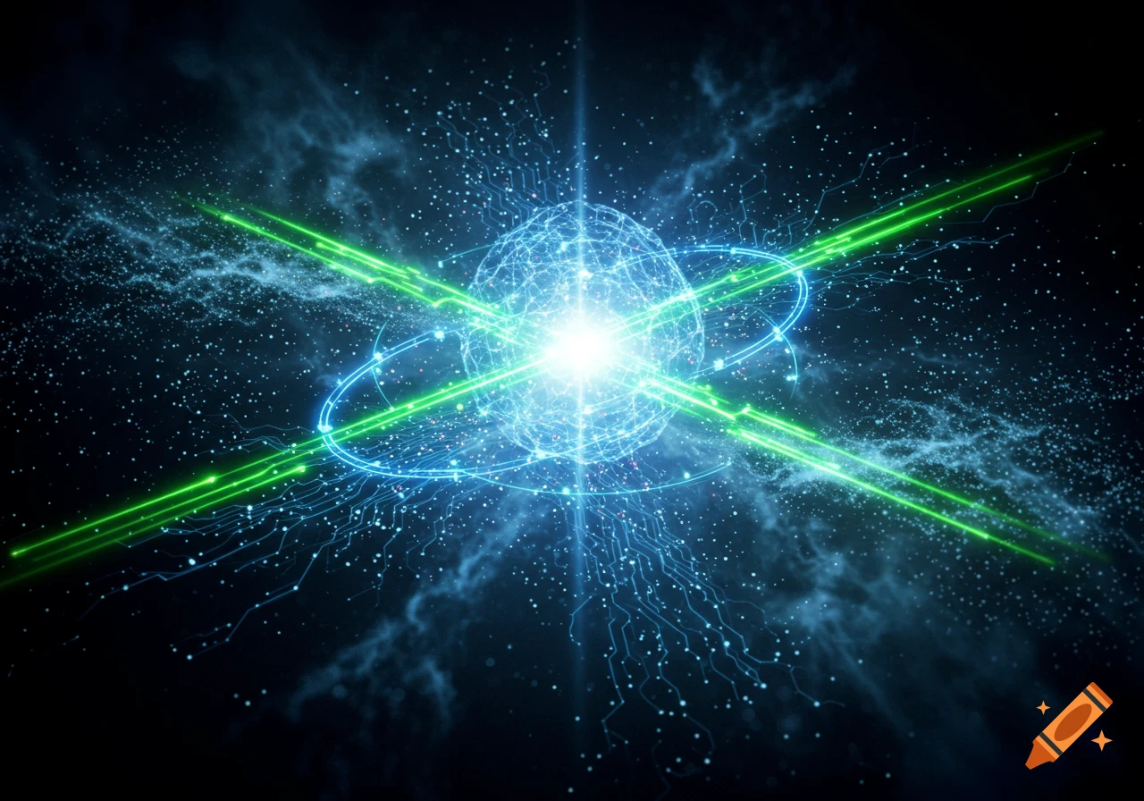 A bright glowing blue sphere with connecting lines and rings, intersected by four green beams, against a dark starry background.