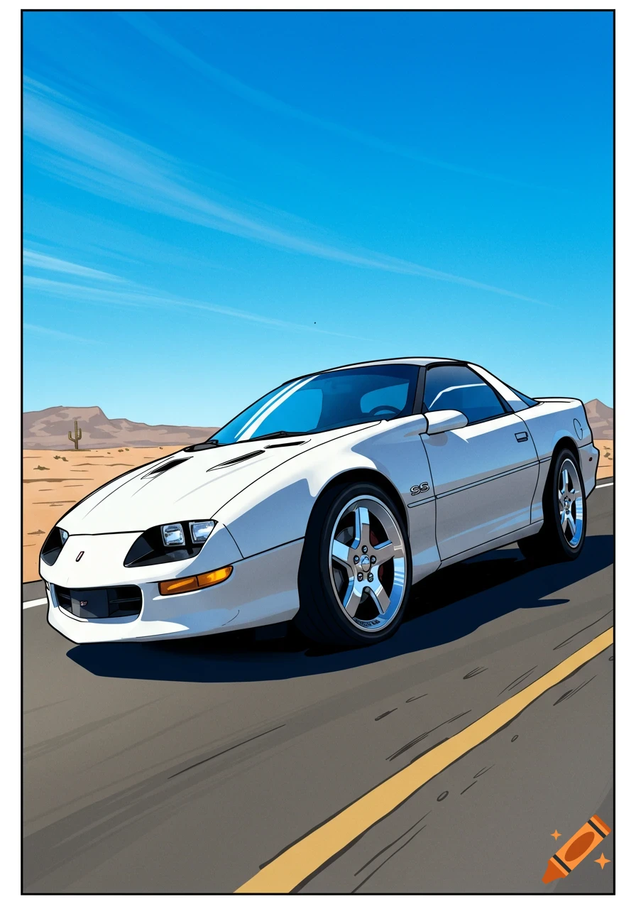 A white 1997 Camaro SS drives on a desert road under a blue sky in a cartoon style.