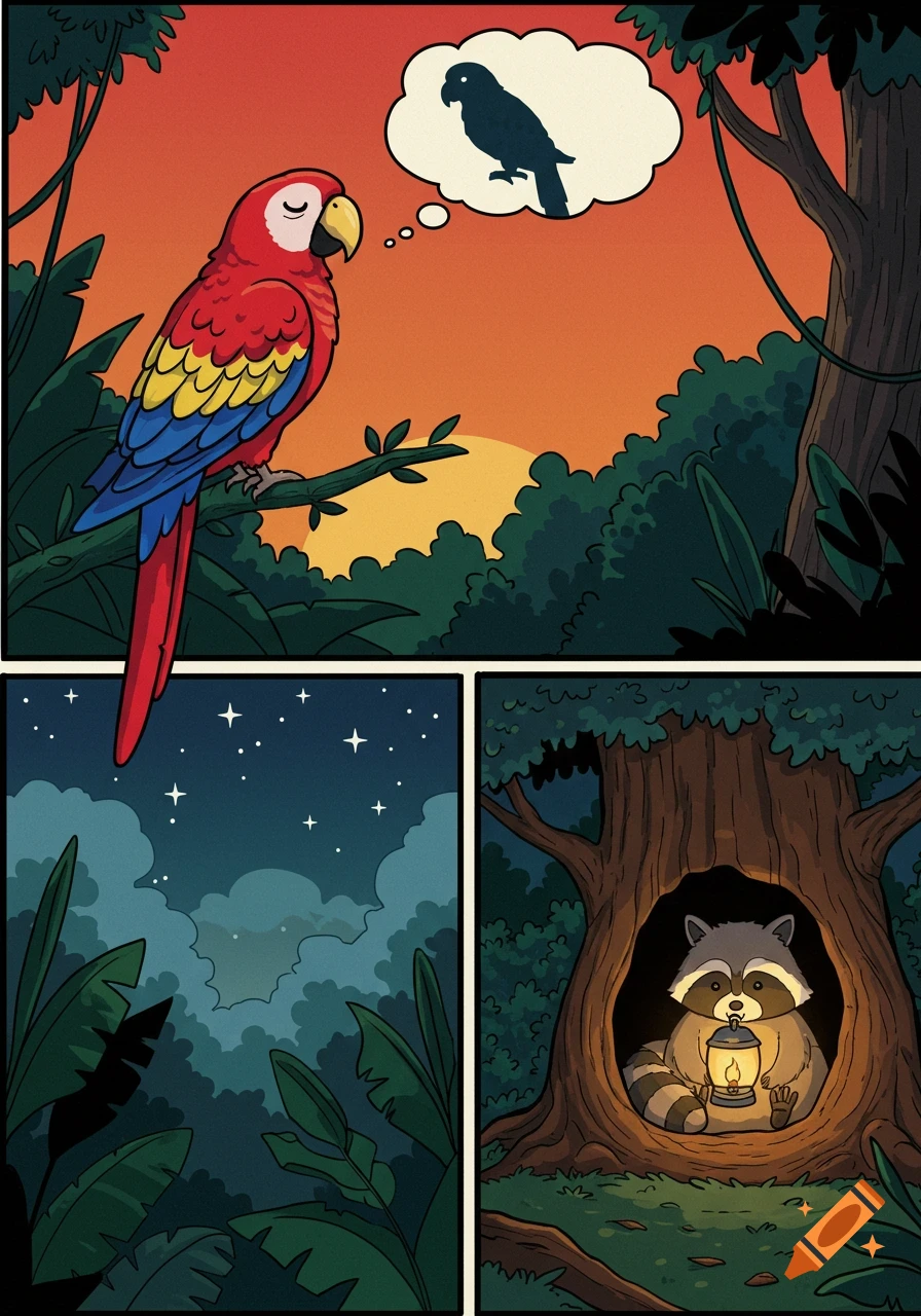 Comic panels: A red parrot thinks of a bird at sunset, and a raccoon holds a lantern in a tree hollow at night in the jungle.