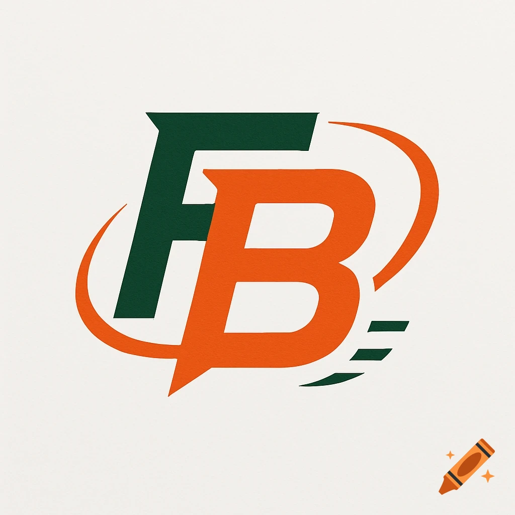 A stylized logo featuring an overlapping dark green 'F' and orange 'B' with dynamic curved elements.
