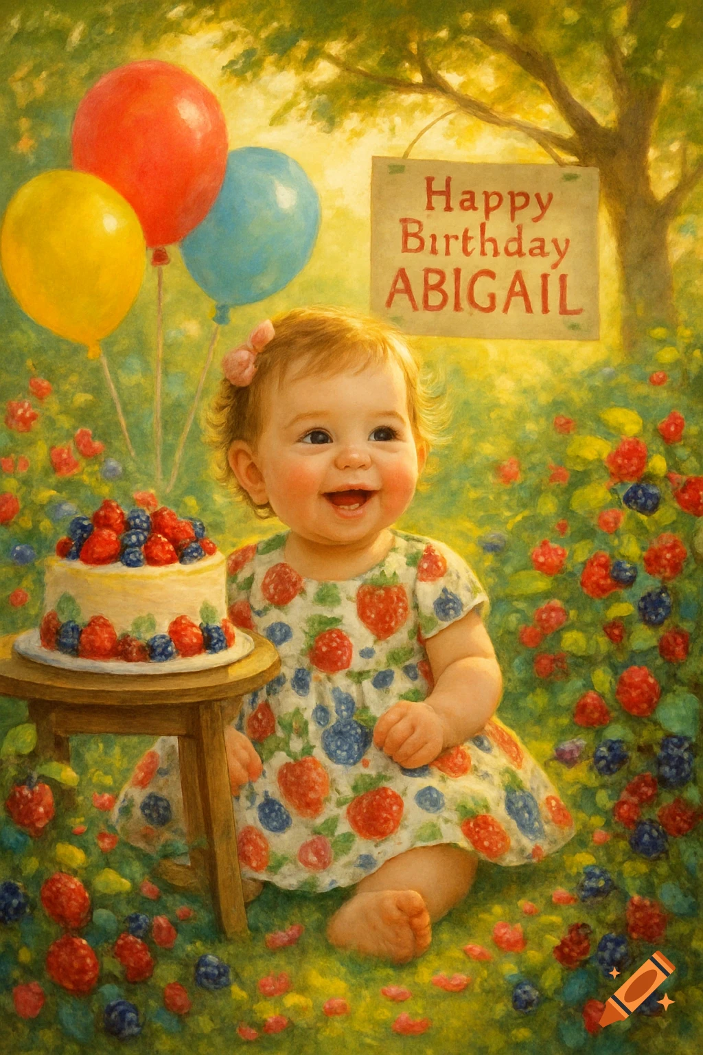 A happy baby sits in a berry-filled garden next to a birthday cake, with balloons and a 'Happy Birthday Abigail' sign, in a painterly style.