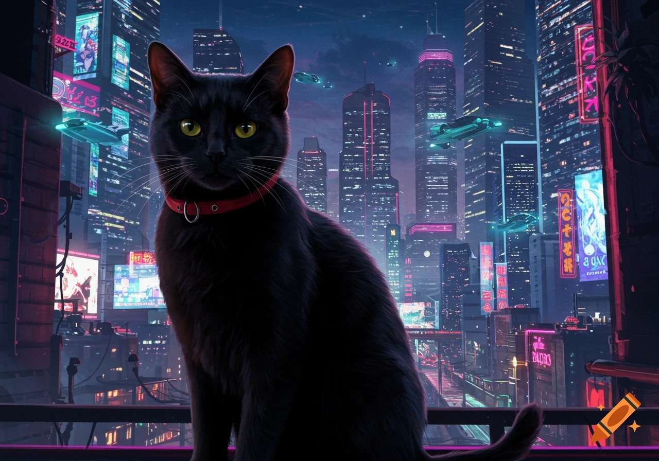 A black cat with glowing yellow eyes and a red collar sits in front of a vibrant neon-lit futuristic city with flying vehicles.