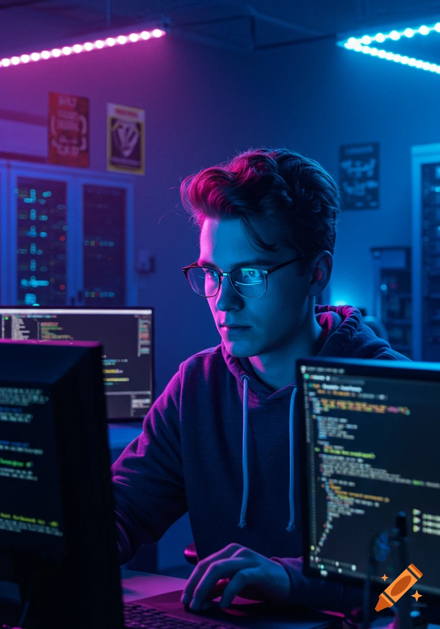 A young man in glasses and a hoodie works intently on a computer in a neon-lit, server-filled room.