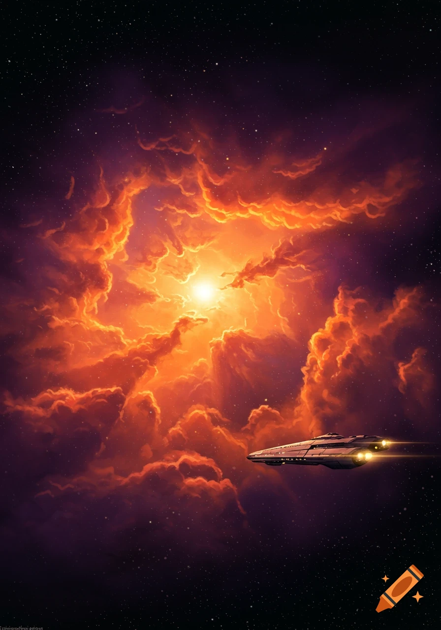 A sleek spaceship flies towards a bright orange and purple nebula with a luminous center in deep space.
