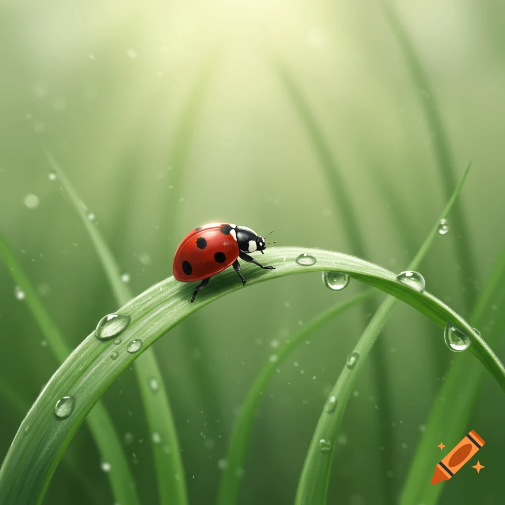 A vibrant red ladybug with black spots walks across a dew-covered blade of green grass in sunlight.