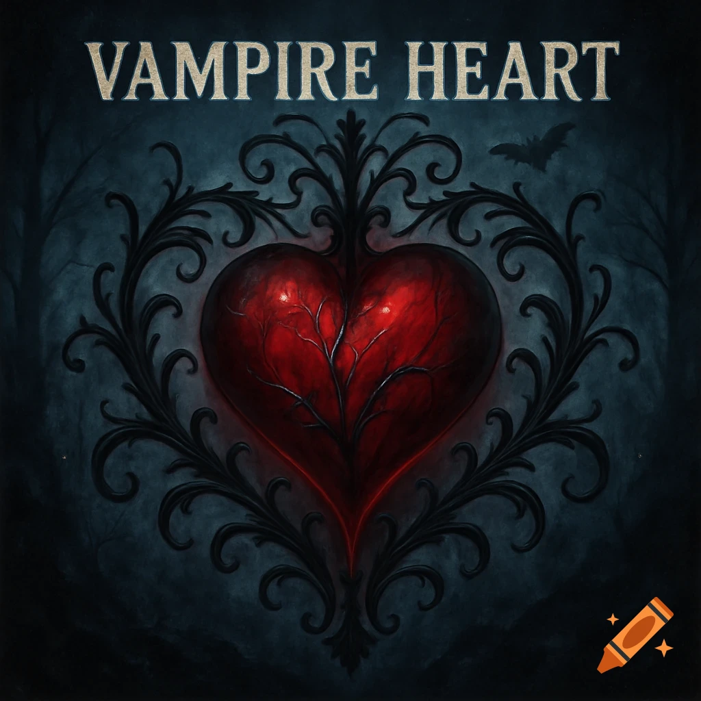 A dark, gothic album cover featuring a red, veiny heart surrounded by black ornate scrollwork, with the words "VAMPIRE HEART" above it, and a bat silhouette in a dark forest background.