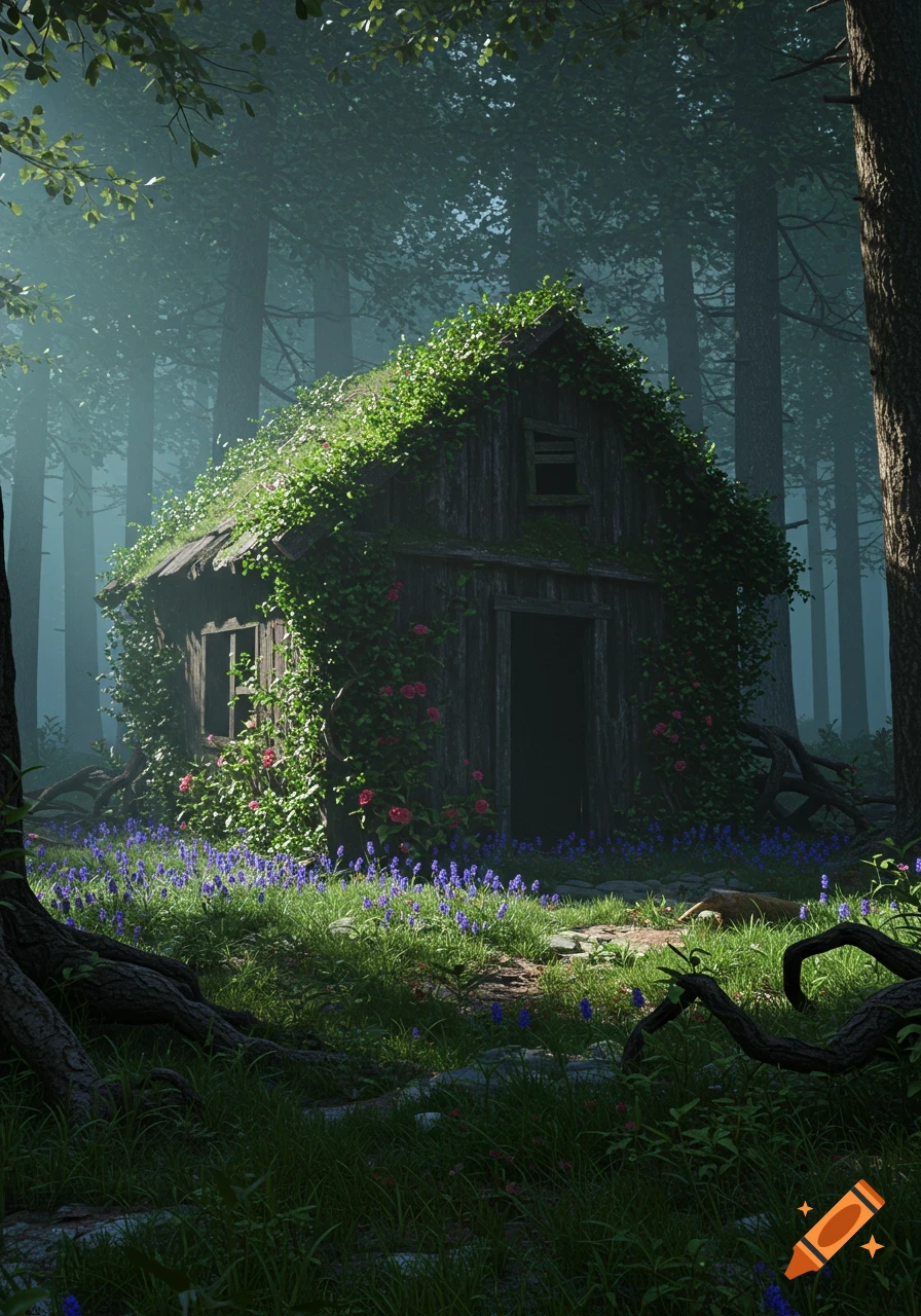 An old wooden hut covered in vines and roses in a misty forest, with blue wildflowers on the ground. Photorealistic.