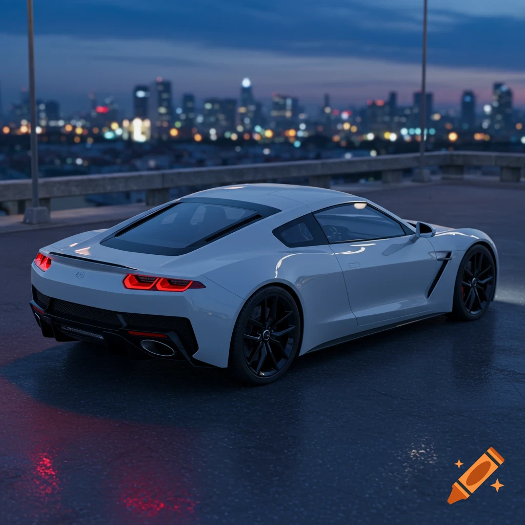 A sleek white sports car parked on a wet rooftop at dusk, with a blurred city skyline illuminated in the background. Photorealistic style.
