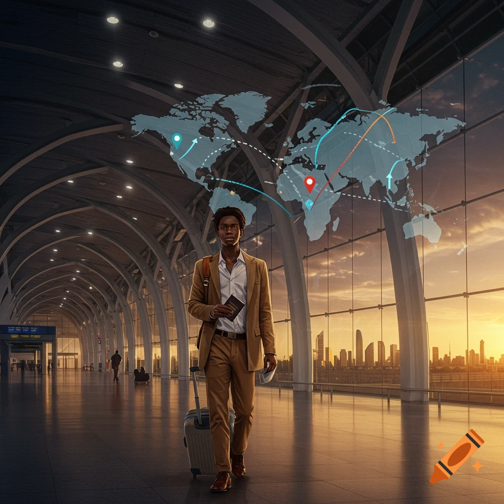 A man in a suit pulls a suitcase through a modern airport terminal with a holographic world map overlay.