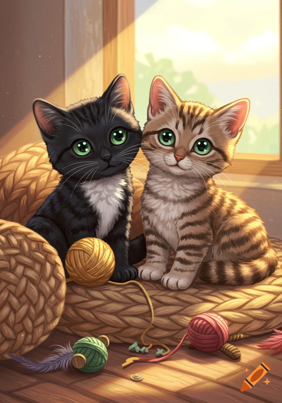 A black kitten and a tabby kitten with bright green eyes sit on a braided mat surrounded by yarn and toys in a sunlit room, cartoon style.