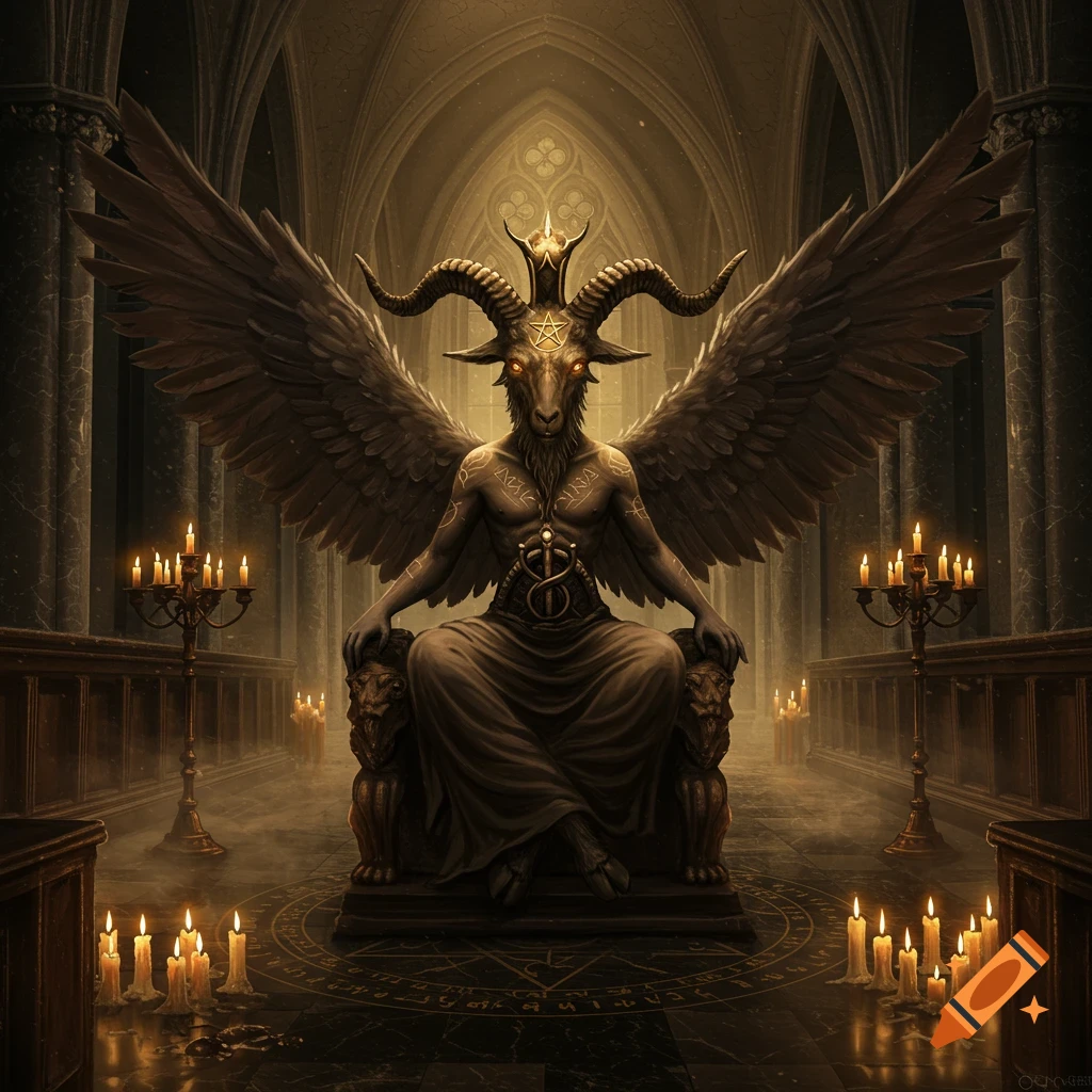 A dark, majestic depiction of Baphomet with large wings, sitting on a throne in a gothic cathedral, surrounded by numerous lit candles and occult symbols on the floor.