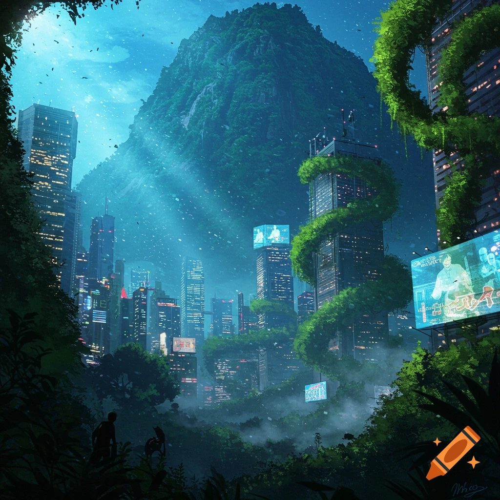 A cyberpunk city at night, with towering skyscrapers overgrown with lush green vines and trees, set against a rainforest mountain under a blue sky.