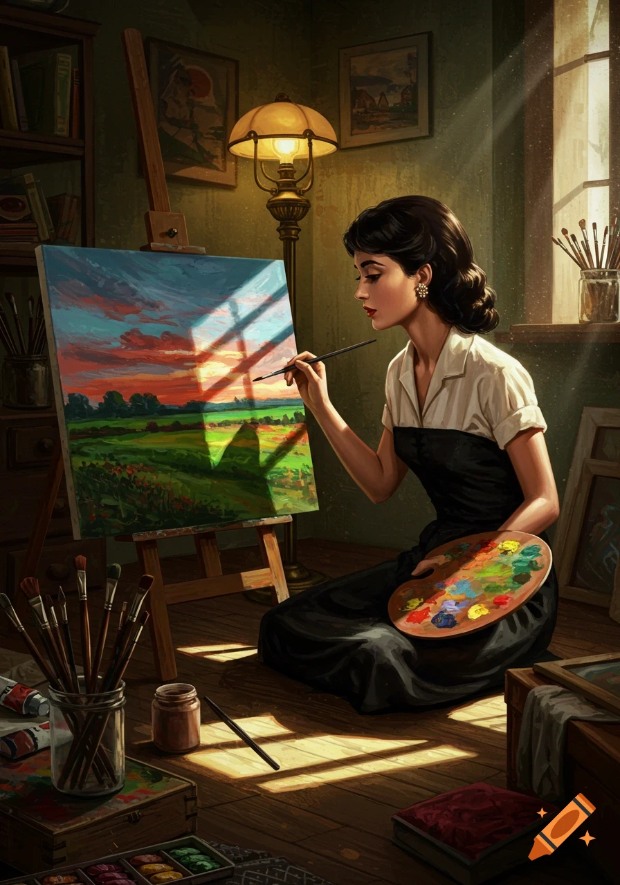 A woman in a black dress and white shirt paints a vibrant landscape on a canvas in a sunlit art studio.