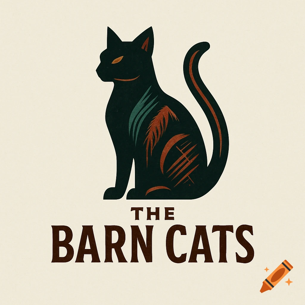A stylized black cat logo with abstract reddish-brown and teal markings, sitting above the words "THE BARN CATS" in a rustic font.