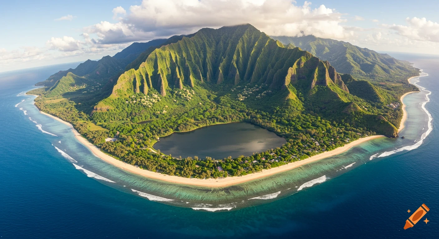 Aerial view of a lush green tropical island with a mountain range, a dark lake, and sandy beaches surrounded by clear blue ocean.
