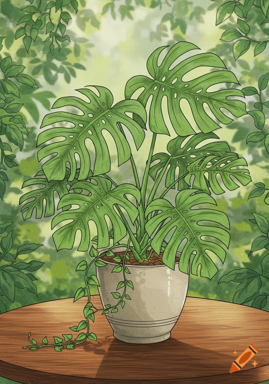 An illustrated monstera plant in a pot on a wooden table, with lush green foliage in the background.