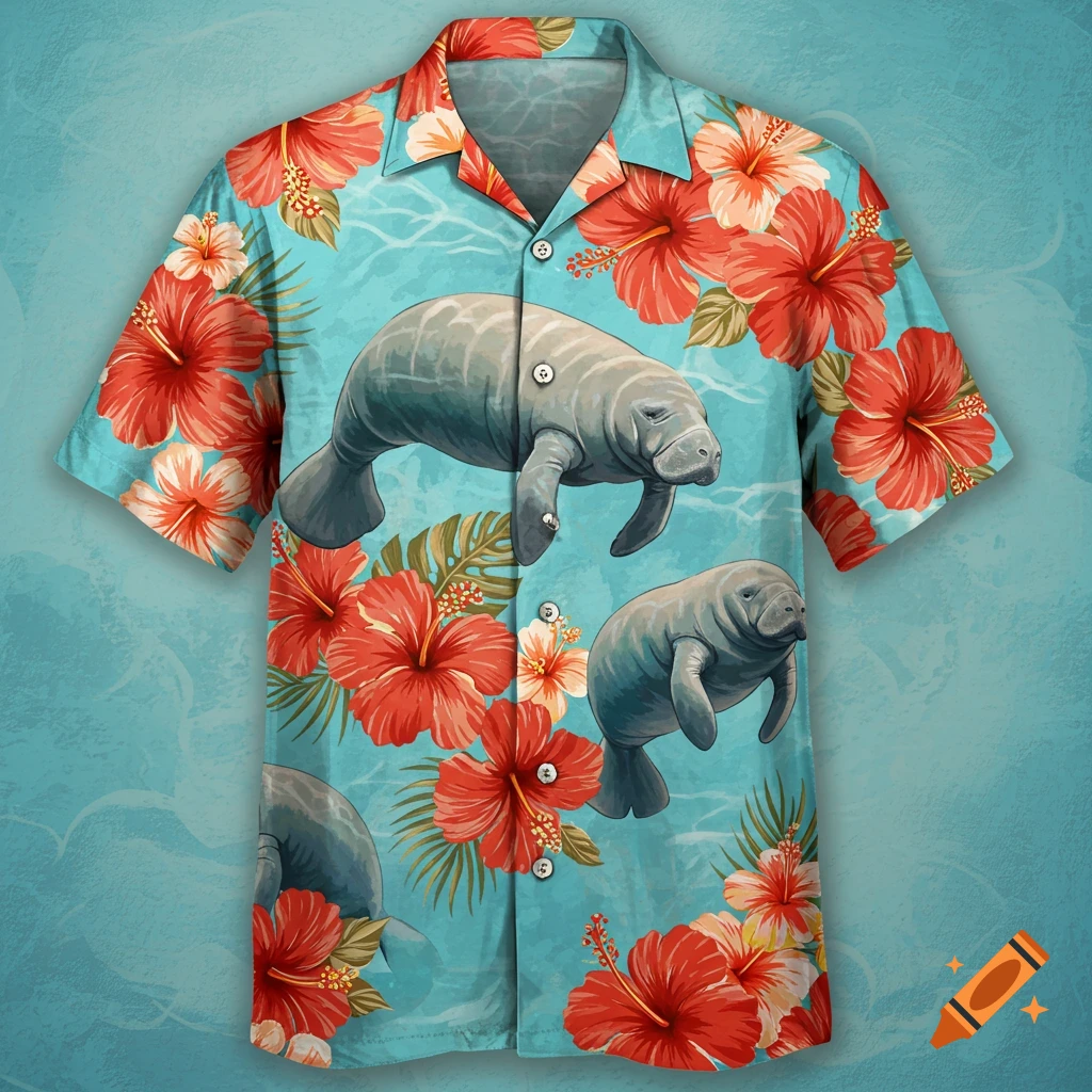 A vibrant Hawaiian shirt with swimming manatees and red hibiscus flowers on a light blue background.