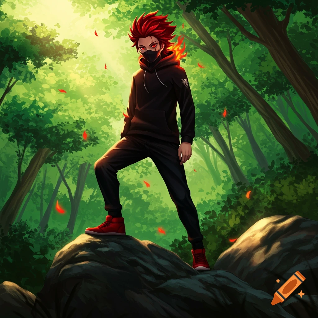 An anime guy with red spiky hair, glowing red eyes, and a black face mask stands on a rock in a sunlit green forest.