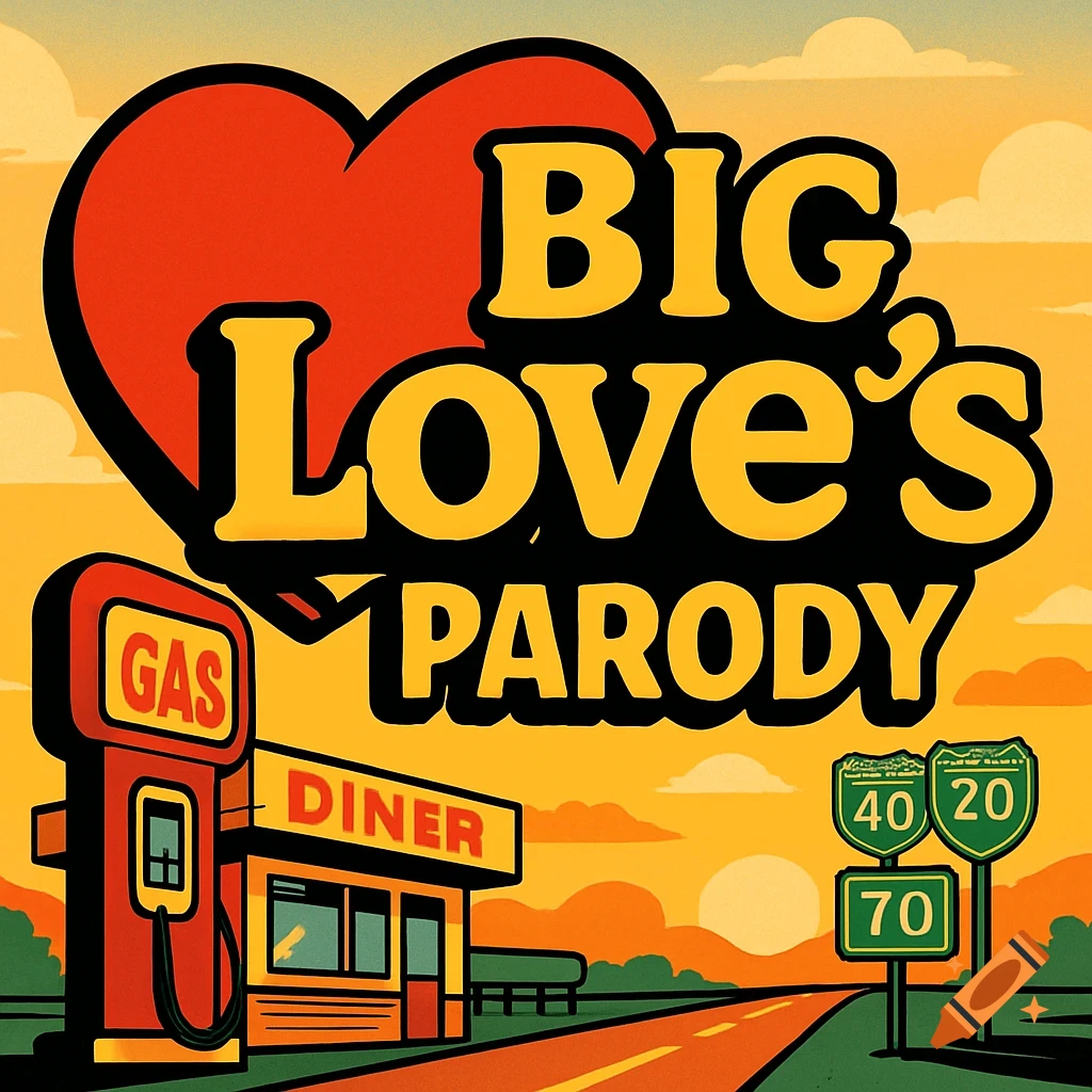 A retro-style illustration of a roadside scene with a gas station, diner, highway, and road signs, under a heart logo reading 'BIG LOVE'S PARODY'.