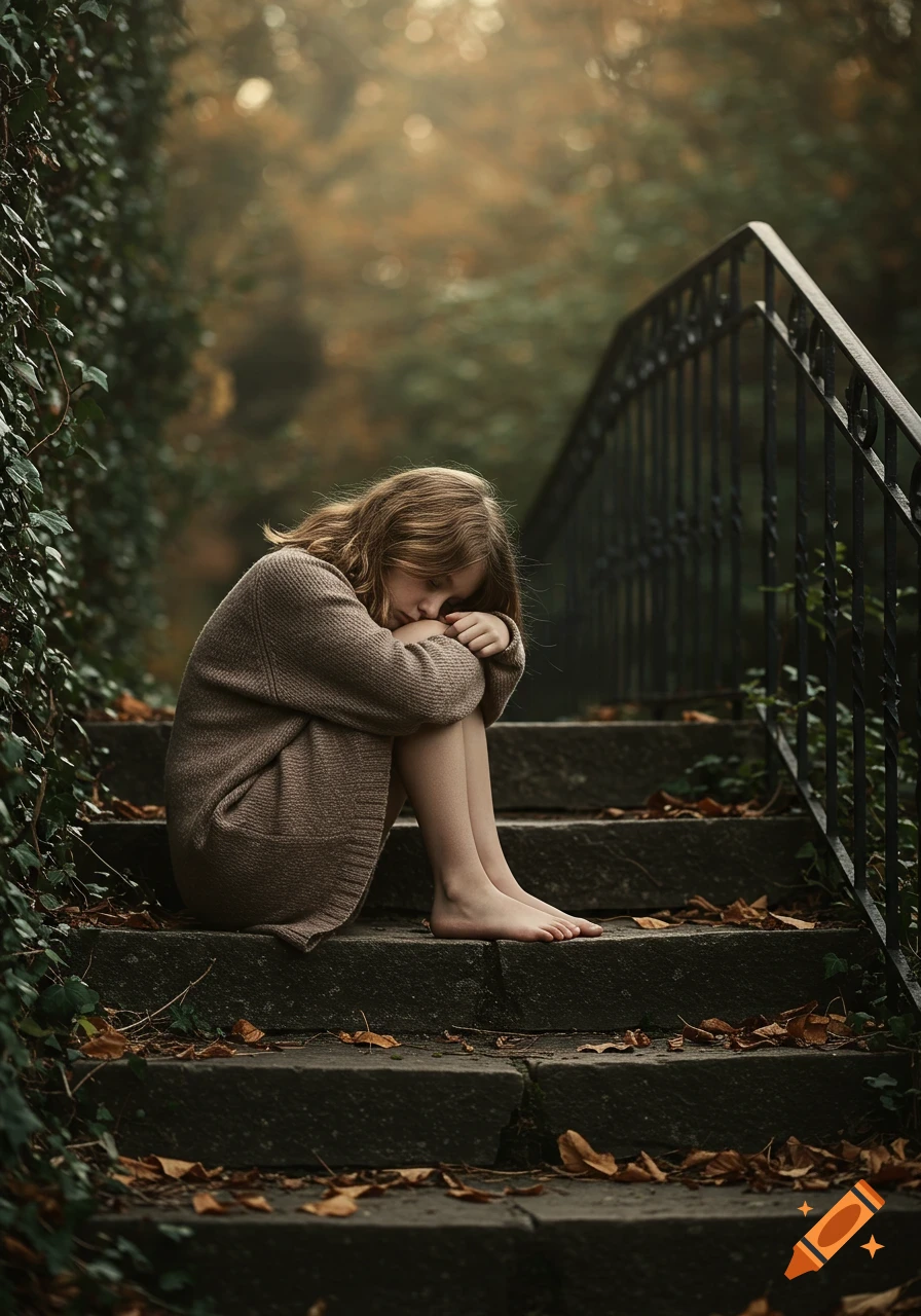 A photorealistic image of a sad young girl sitting barefoot on stone steps, hugging her knees with her head down, surrounded by autumn leaves and ivy.