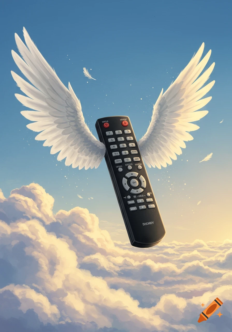 A black remote control with large white angel wings floats amidst fluffy clouds in a bright blue sky, with some feathers drifting away. The scene is digitally painted with a dreamlike quality.