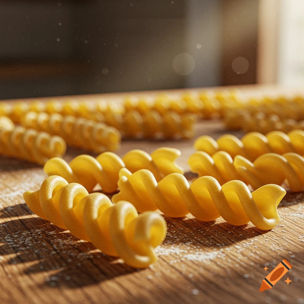 A close-up of uncooked fusilli pasta pieces scattered on a wooden surface with white flour.