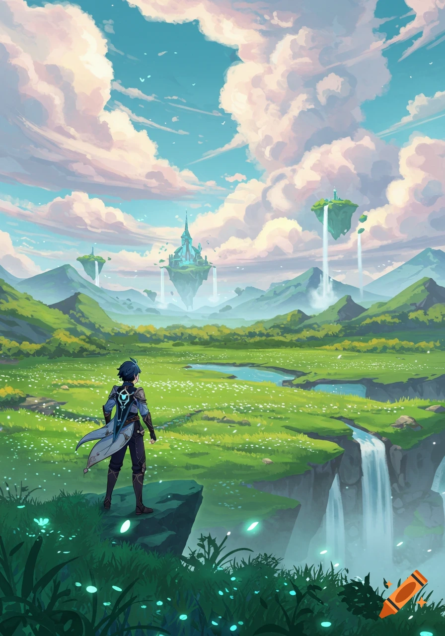 An anime character stands on a cliff overlooking a vibrant green fantasy landscape with floating islands, waterfalls, and a blue sky.