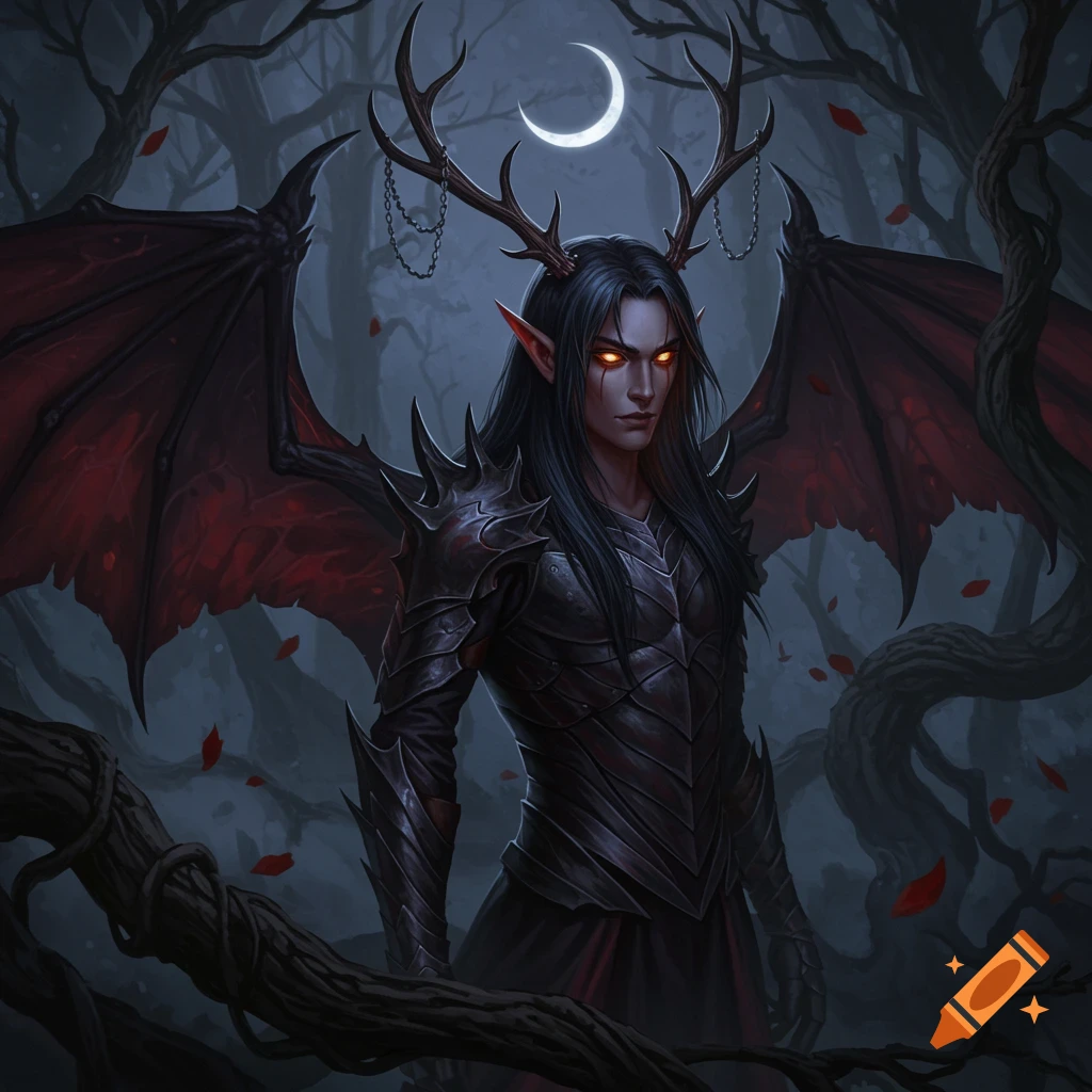 A dark fantasy male elf with long black hair, glowing red eyes, deer antlers, bat wings, and jagged armor stands in a moonlit forest.