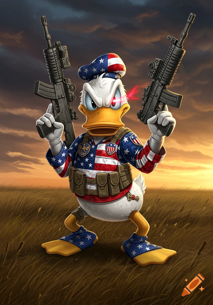 Angry Donald Duck in an American flag combat suit holds two AR15 rifles in a field at sunset, illustration style.