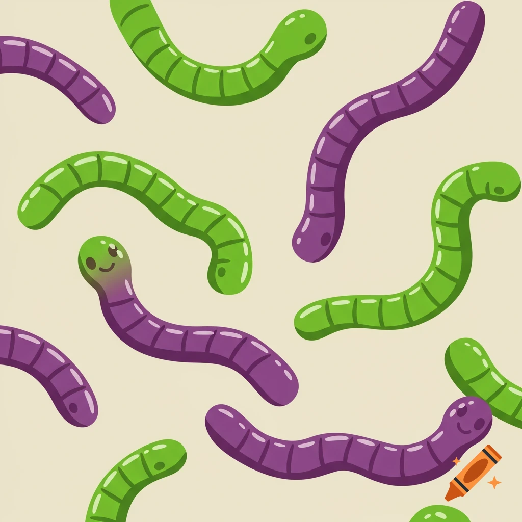 A repeating pattern of green and purple cartoon gummy worms on a light background.