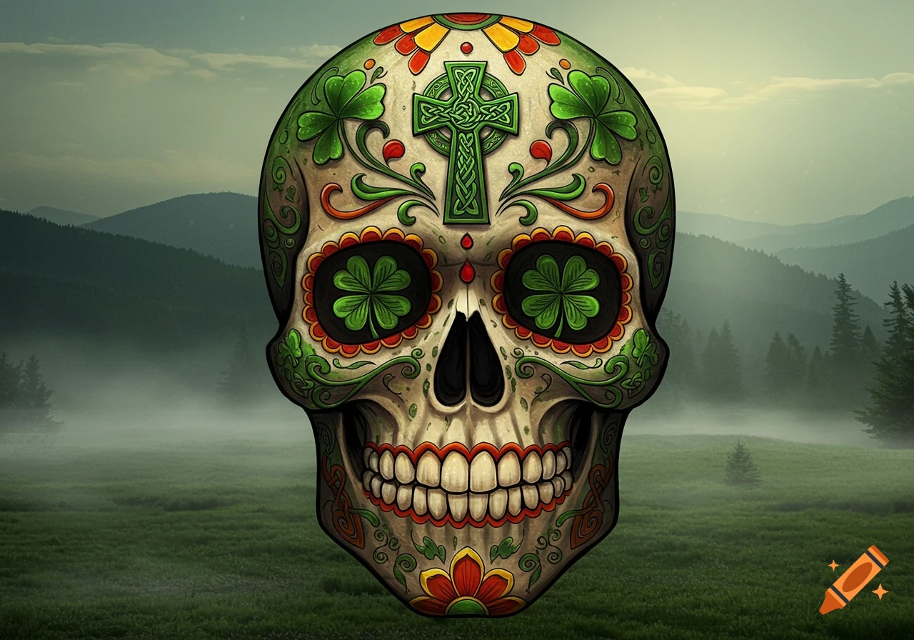 Stylized sugar skull with green shamrocks, a Celtic cross, and ornate patterns, against a misty green mountain landscape.