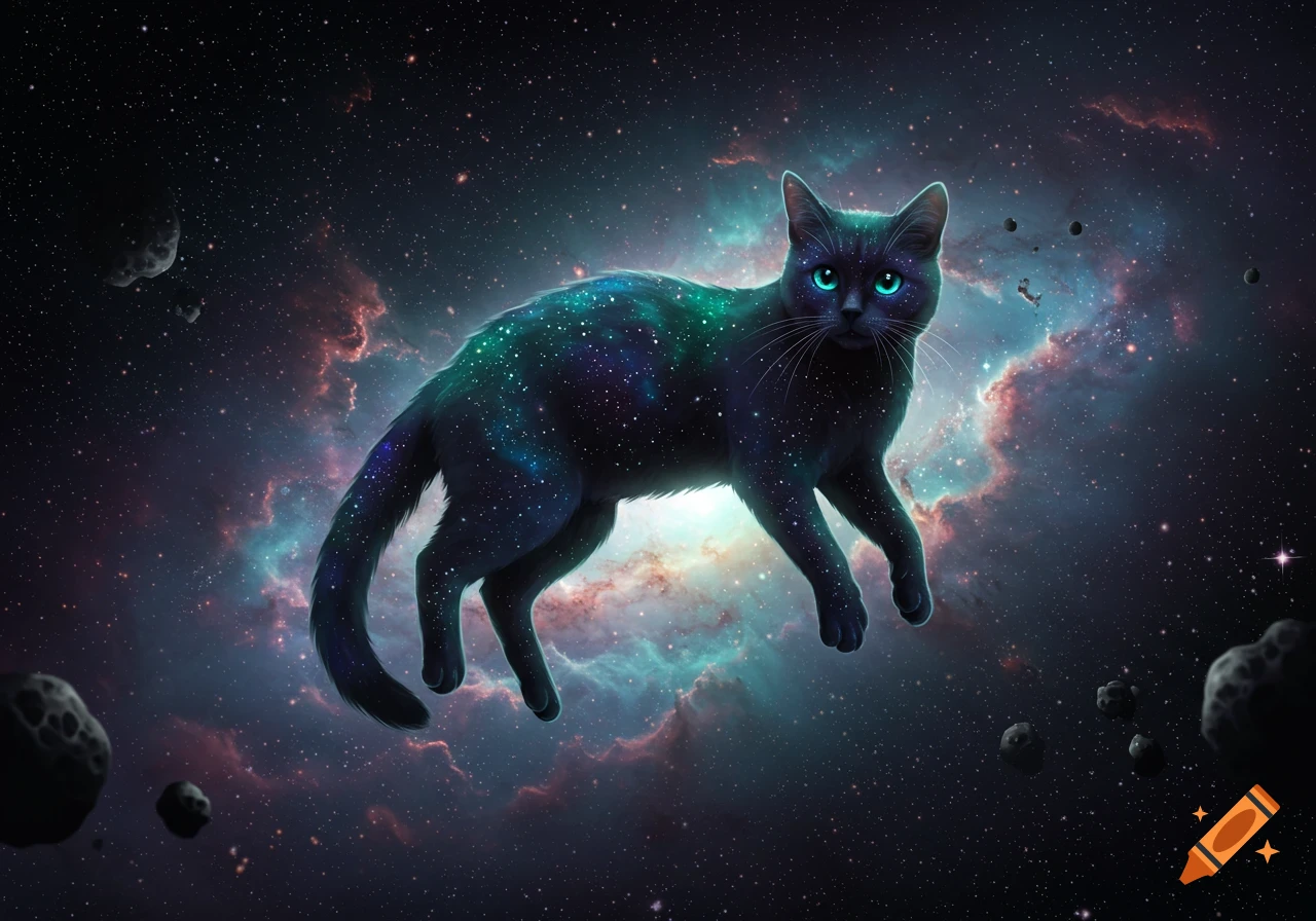 A celestial black cat with bright blue eyes floats amidst colorful nebulae and stars in outer space, with asteroids scattered around.