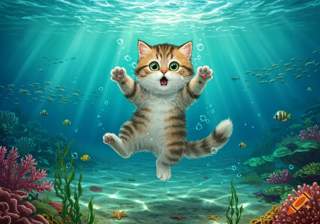 A cute, wide-eyed cartoon kitten floats underwater with outstretched paws, surrounded by bubbles, colorful fish, and coral.