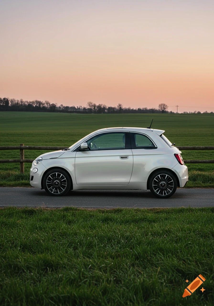 A white Fiat 500e car parked on a road beside a wooden fence and green fields under a sunset sky.