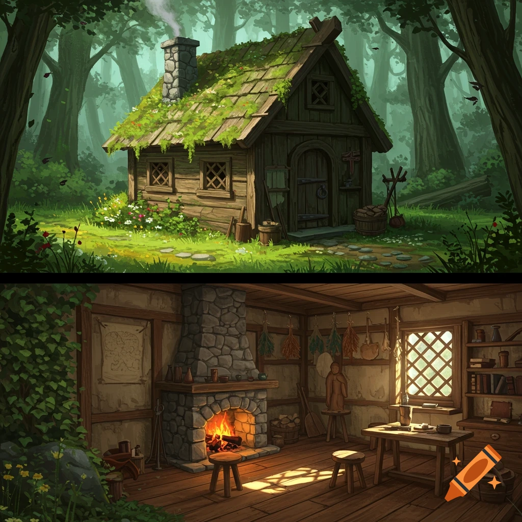 A rustic, moss-covered hermit's hut in a lush forest, with an interior showing a stone fireplace and wooden furniture.