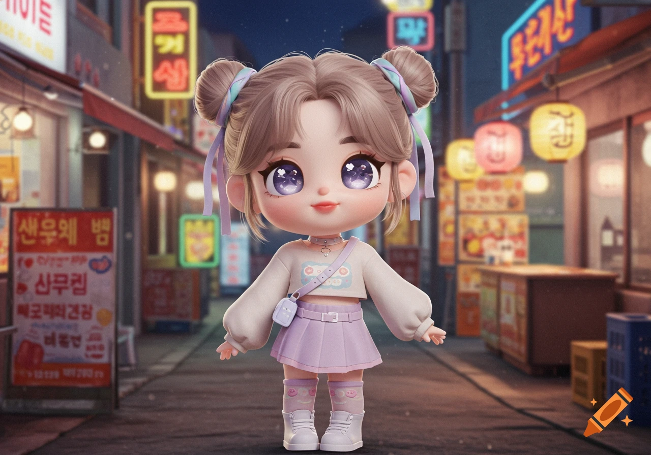 A cute chibi-style girl doll with pigtails and large purple eyes stands on a vibrant, neon-lit Asian street at night.