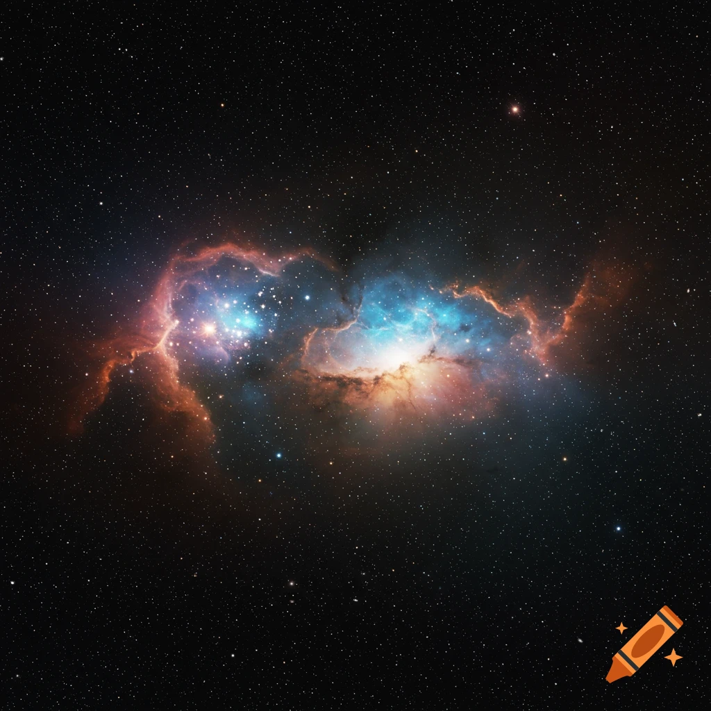 A vibrant nebula with bright blue and orange gas clouds against a dark starry background.